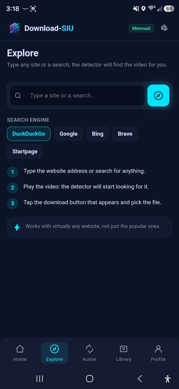 Explore screen: built-in browser with a video detector and search-engine picker.