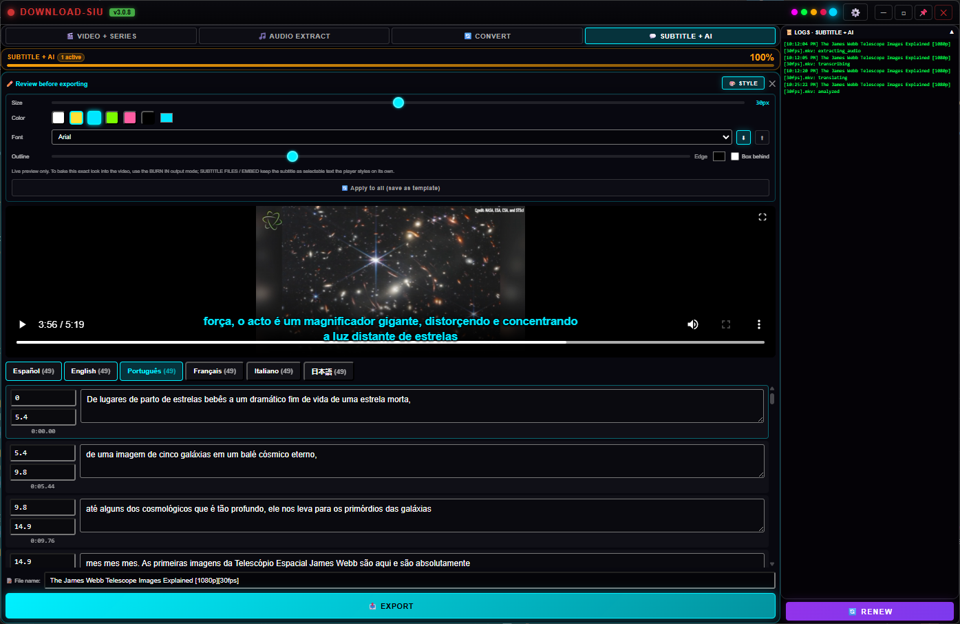 Subtitle+AI editor showing the Português translation of the same video.