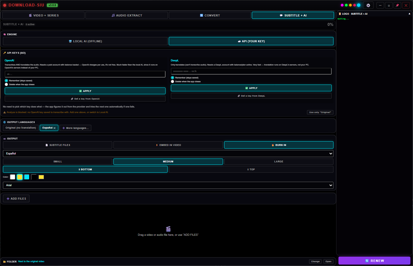 Download SIU Subtitle+AI tab, empty state, with the Crimson theme.