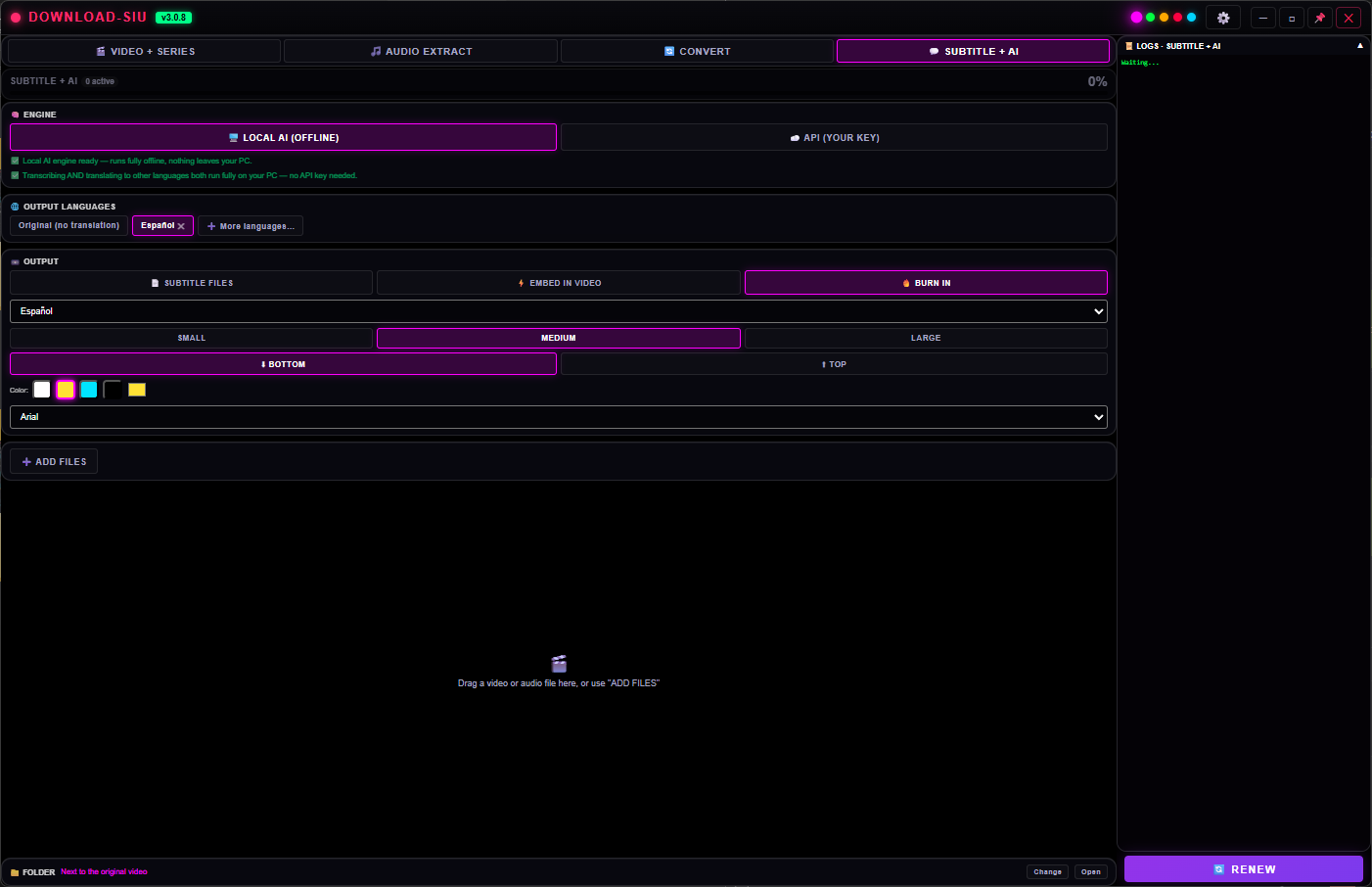 Download SIU Subtitle+AI tab, empty state, with the Violet theme.