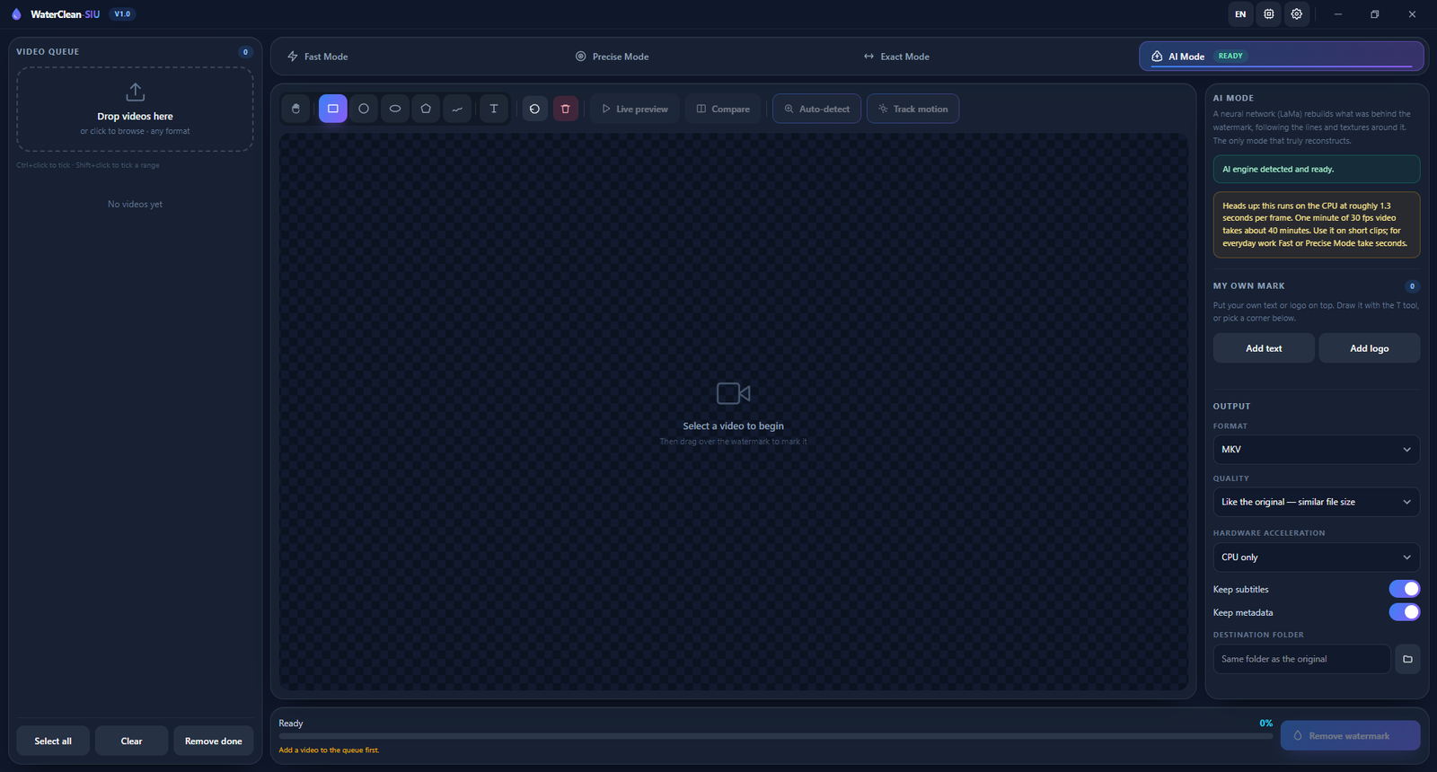 WaterClean-SIU in AI Mode, with the local engine detected and ready.