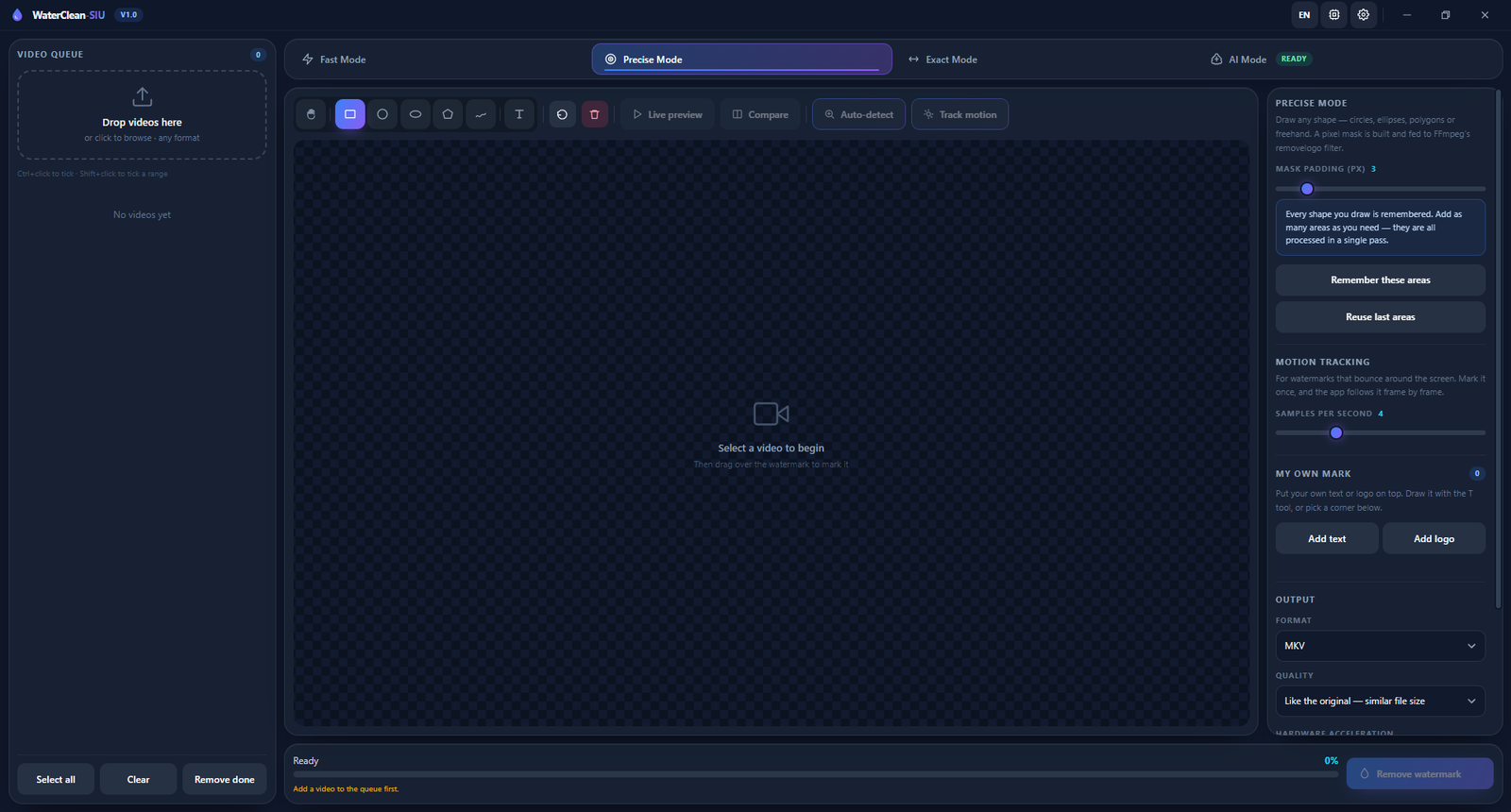 WaterClean-SIU in Precise Mode, with mask padding and motion tracking controls.
